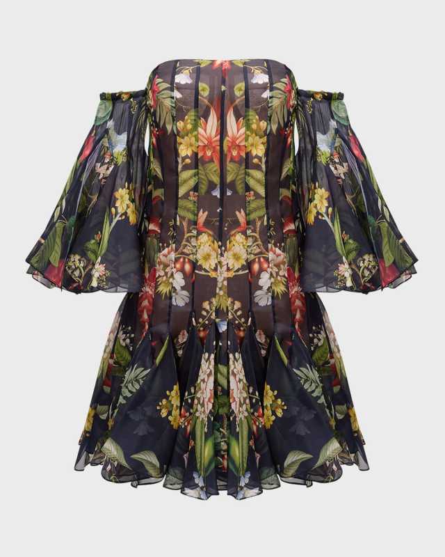 Off-The-Shoulder Floral And Fauna Gazar Mini Dress